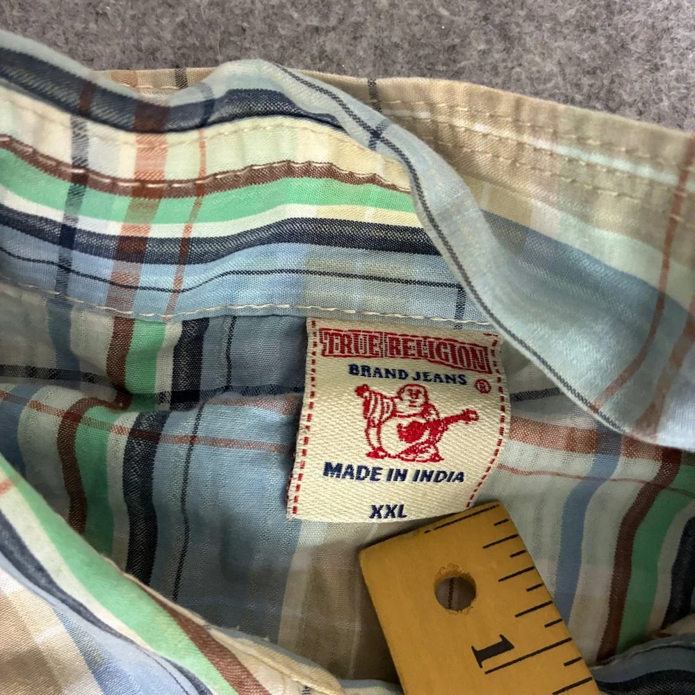 True Religion Men's Size XXL Western Plaid Snap Shirt Blue Green 100% Cotton